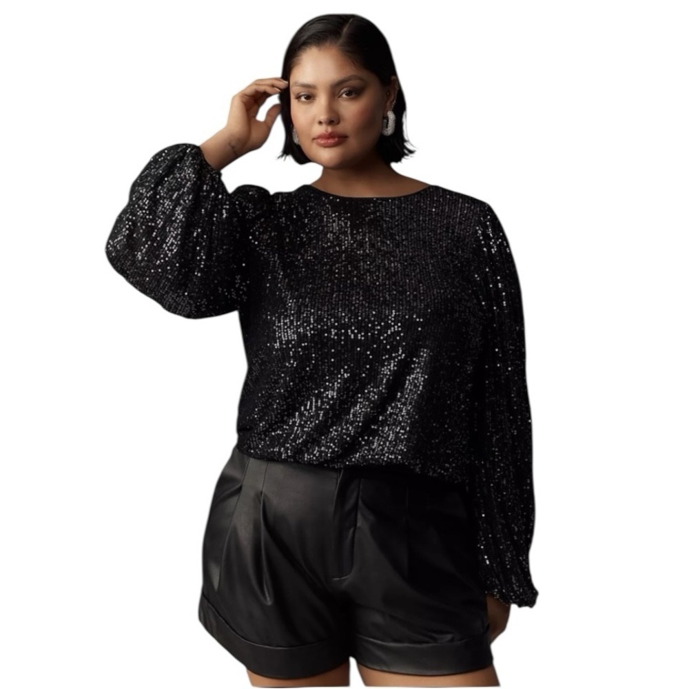 Anthropologie Flat White Sequin Top in Carbon Black Size 2X NWT
